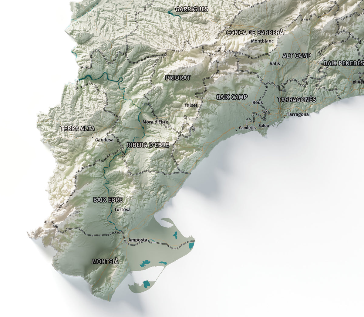 Mapa del relieve de Principat de Catalunya · Cartográfico · 70 × 100 cm · Detalle del sur