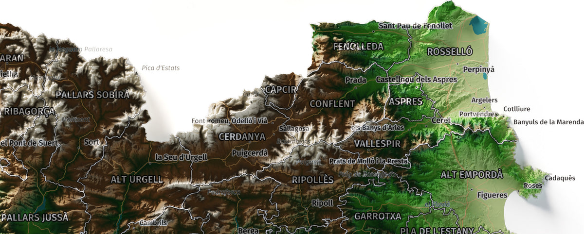 Mapa del relieve de Principat de Catalunya · Clásico · 30 × 40 cm · Detalle del norte