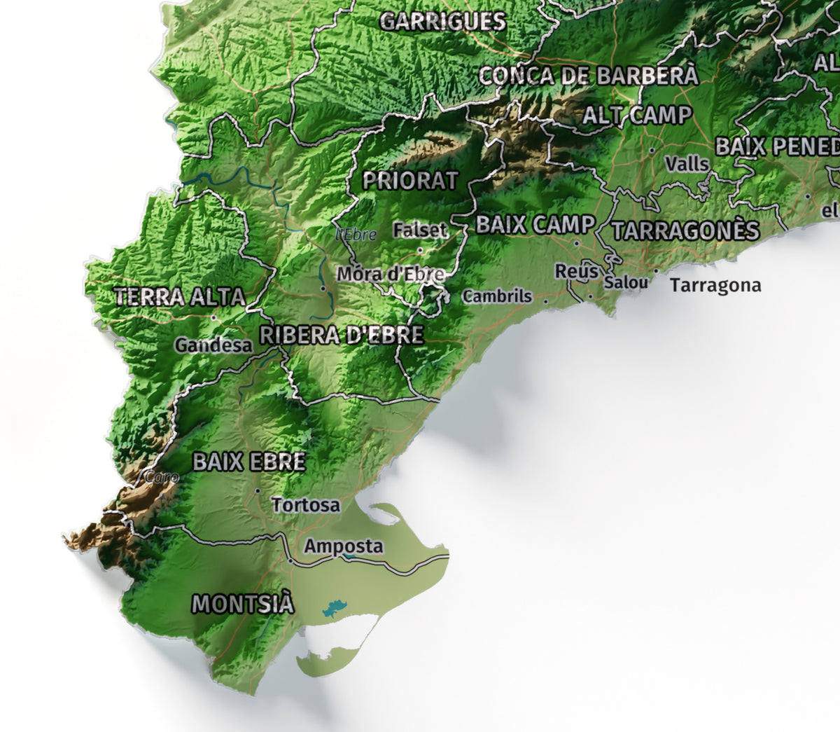 Mapa del relieve de Principat de Catalunya · Clásico · 30 × 40 cm · Detalle del sur