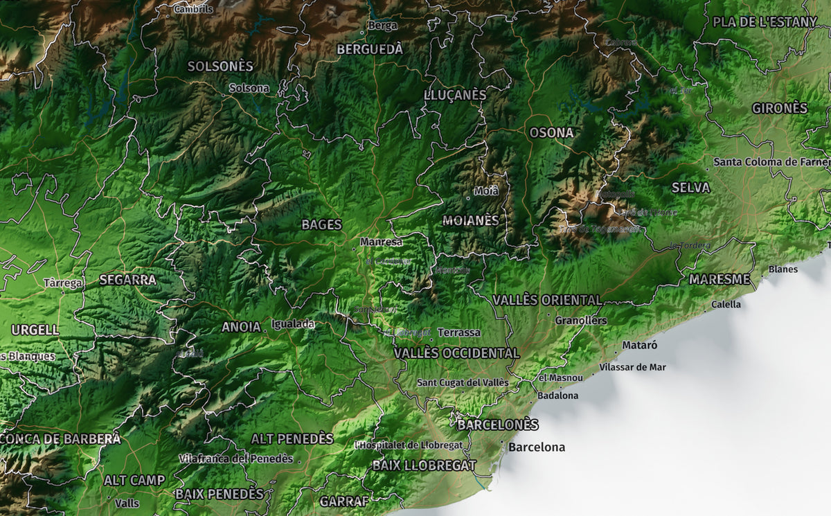 Mapa del relieve de Principat de Catalunya · Clásico · 50 × 70 cm · Ciudades y límites administrativos