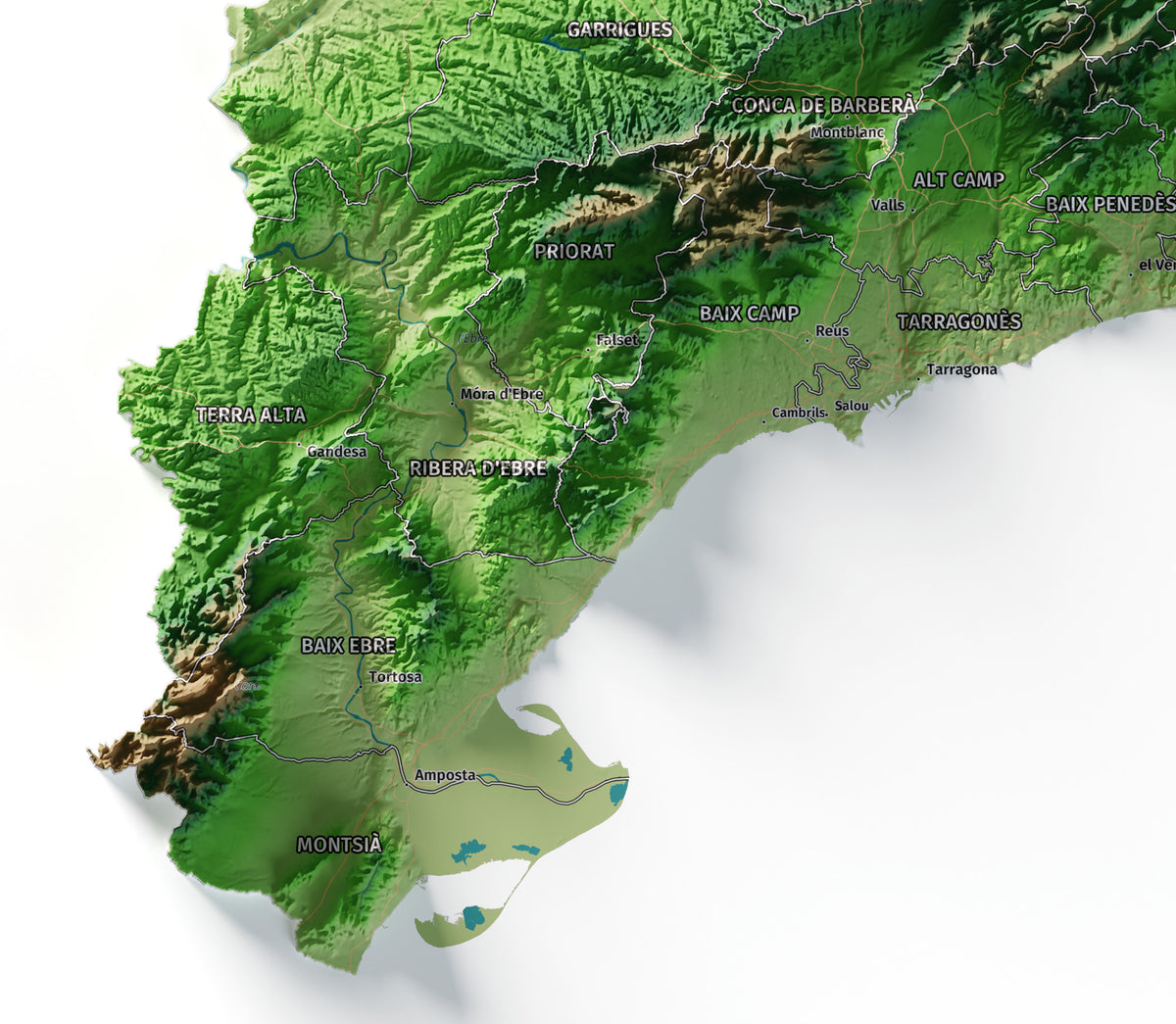 Mapa del relieve de Principat de Catalunya · Clásico · 70 × 100 cm · Detalle del sur