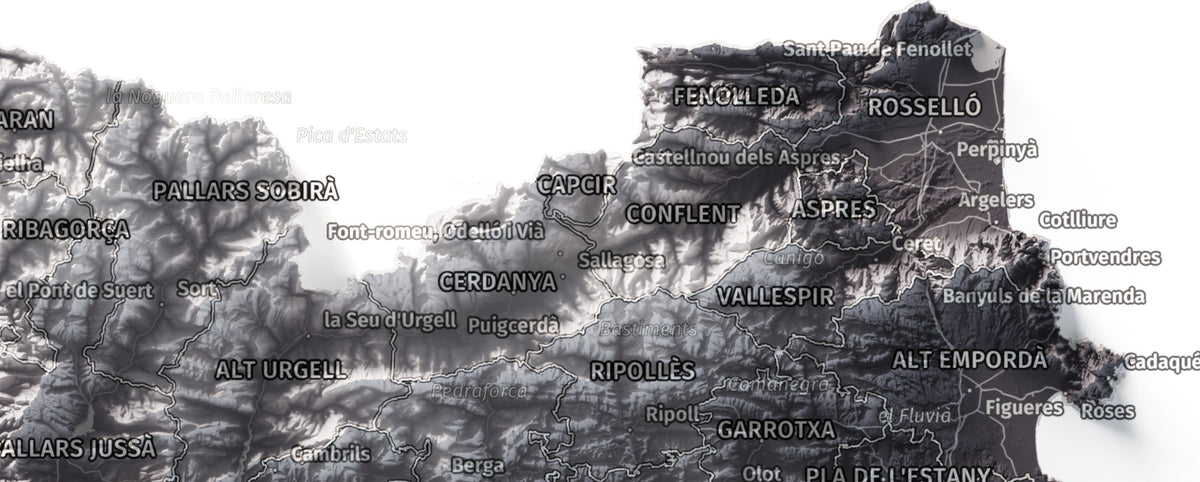 Mapa del relieve de Principat de Catalunya · Gris lavanda · 21 × 30 cm · Detalle del norte