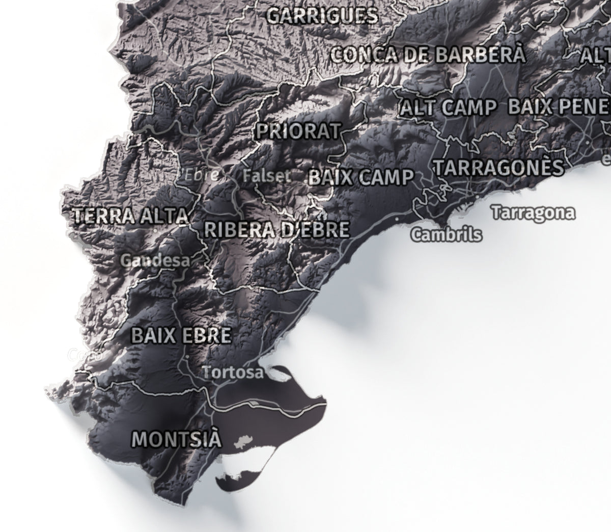 Mapa del relieve de Principat de Catalunya · Gris lavanda · 21 × 30 cm · Detalle del sur