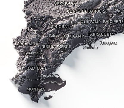 Mapa del relieve de Principat de Catalunya · Gris lavanda · 21 × 30 cm · Detalle del sur