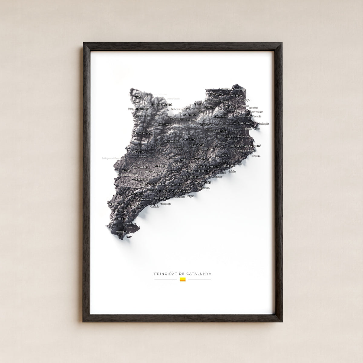 Mapa del relieve de Principat de Catalunya · Gris lavanda · 21 × 30 cm · Lámina enmarcada