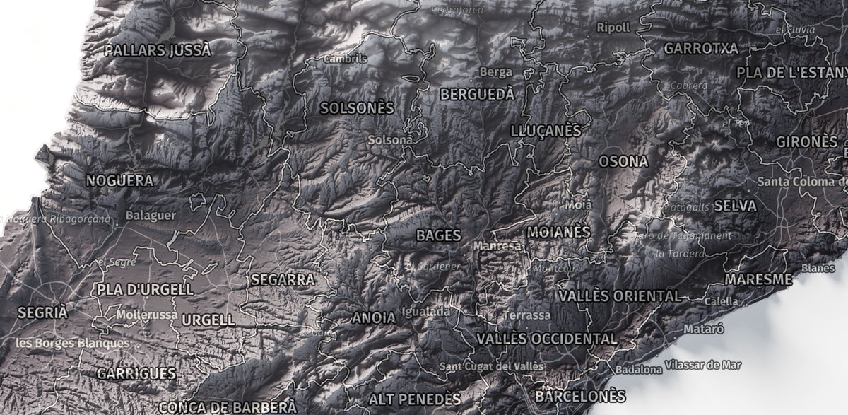 Mapa del relieve de Principat de Catalunya · Gris lavanda · 30 × 40 cm · Detalle del centro