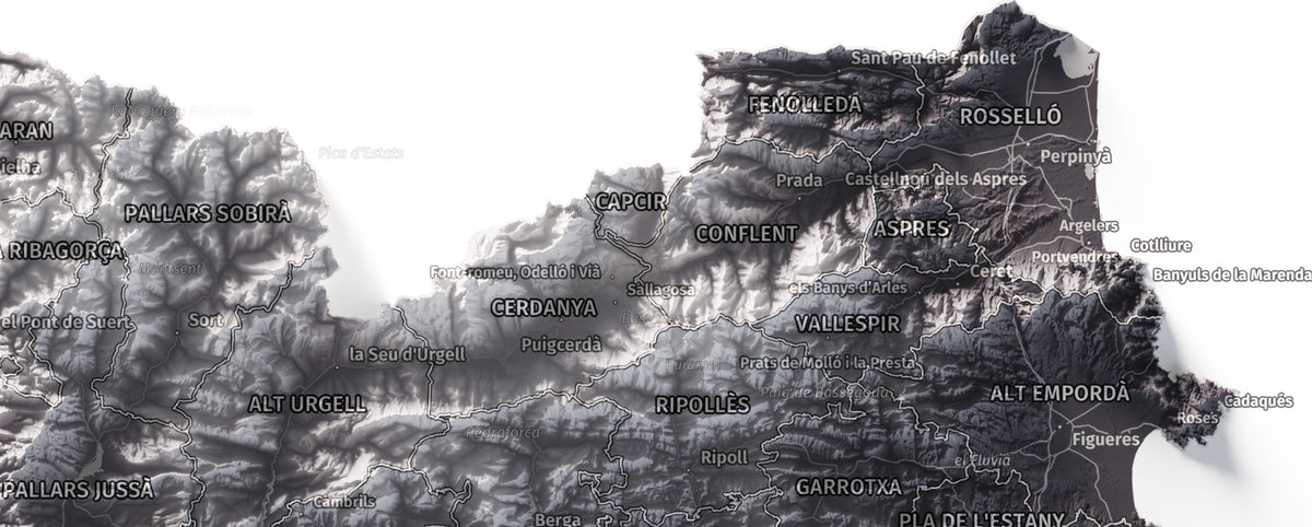 Mapa del relieve de Principat de Catalunya · Gris lavanda · 30 × 40 cm · Detalle del norte
