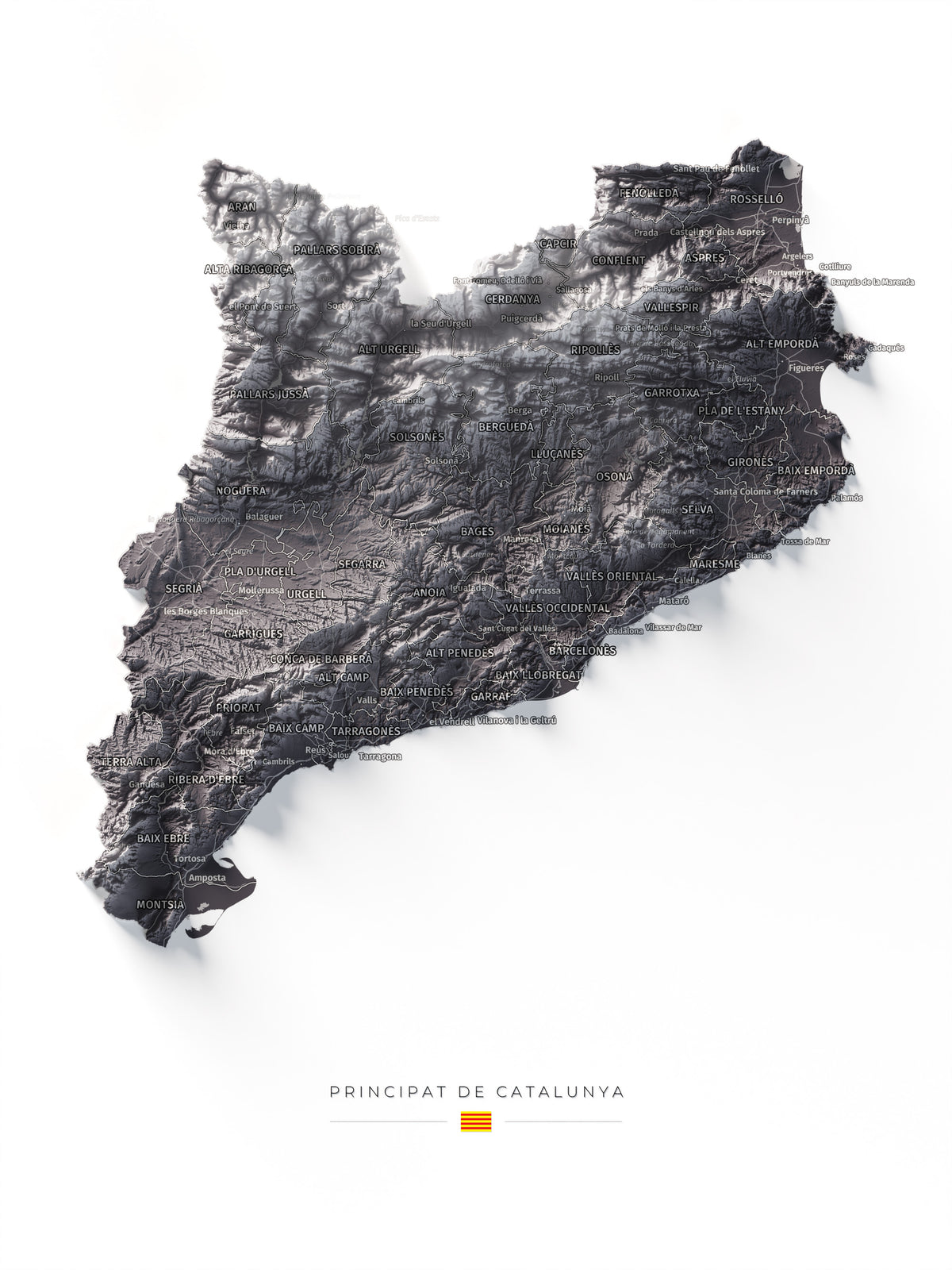 Mapa del relieve de Principat de Catalunya · Gris lavanda · 30 × 40 cm · Vista completa