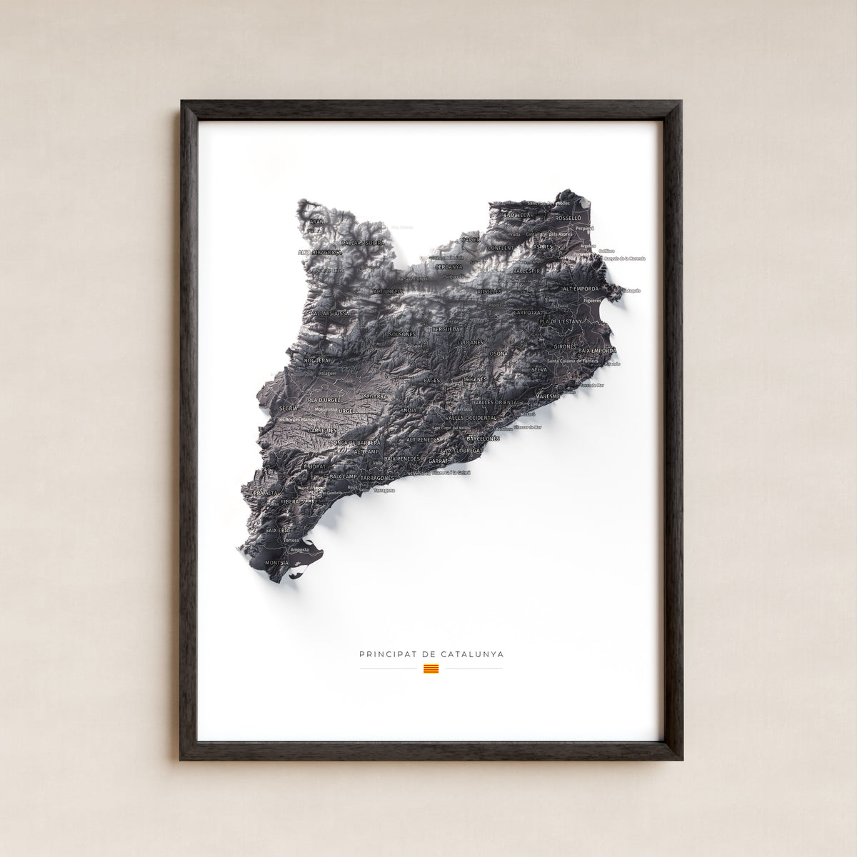 Mapa del relieve de Principat de Catalunya · Gris lavanda · 30 × 40 cm · Lámina enmarcada