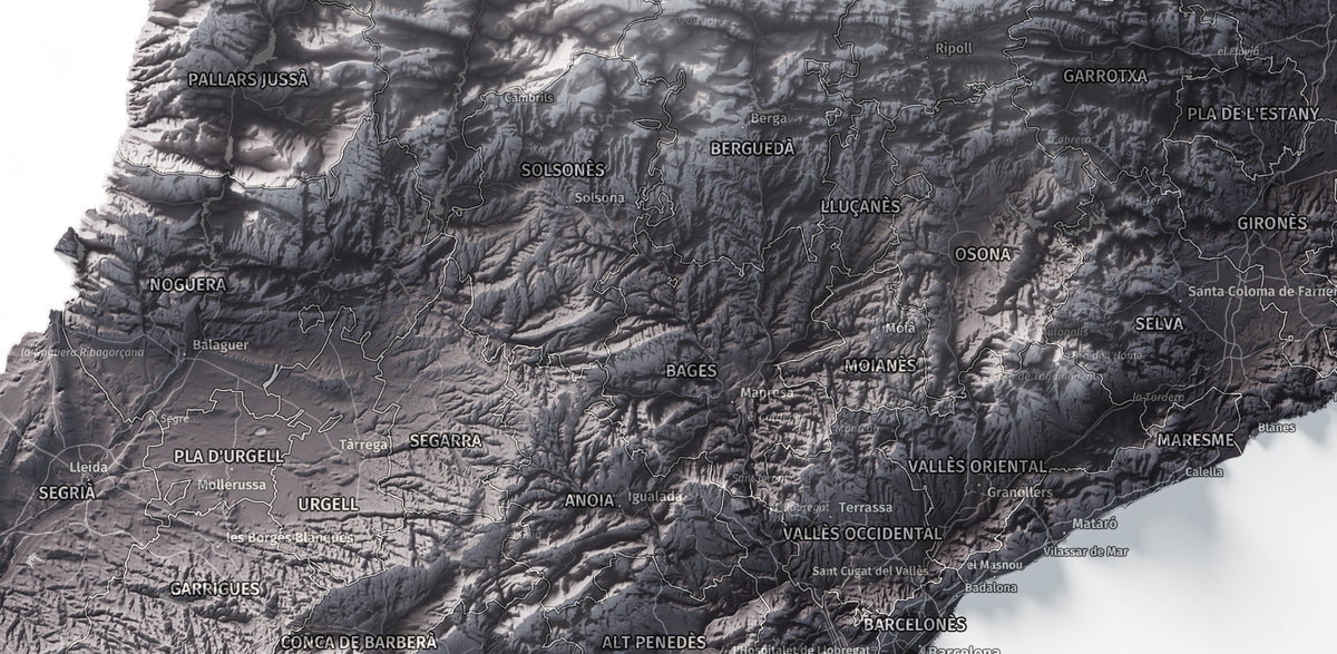 Mapa del relieve de Principat de Catalunya · Gris lavanda · 50 × 70 cm · Detalle del centro