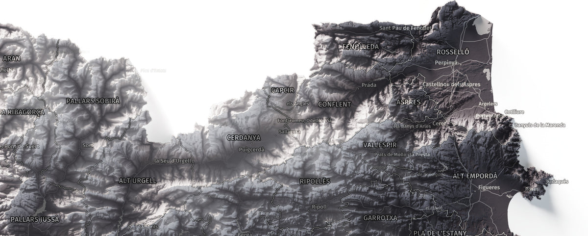 Mapa del relieve de Principat de Catalunya · Gris lavanda · 50 × 70 cm · Detalle del norte