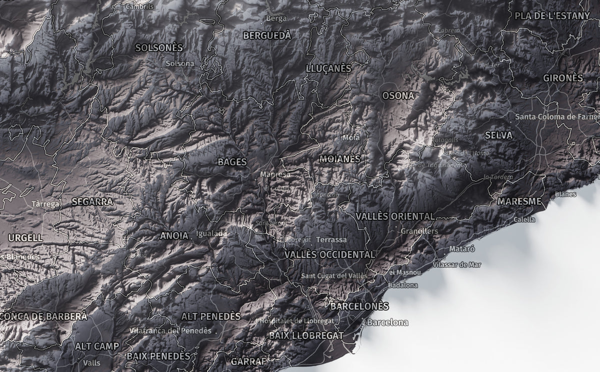 Mapa del relieve de Principat de Catalunya · Gris lavanda · 50 × 70 cm · Ciudades y límites administrativos