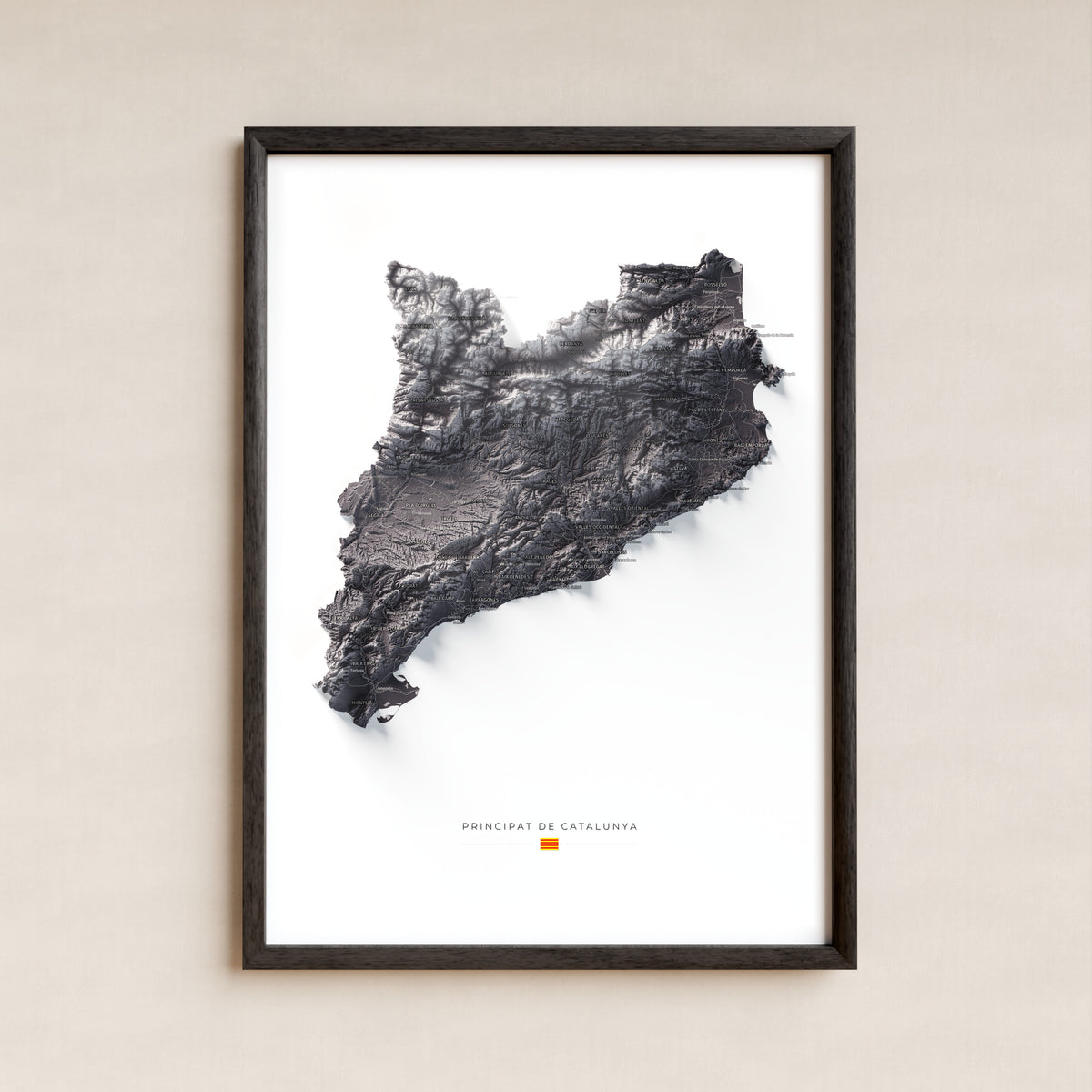 Mapa del relieve de Principat de Catalunya · Gris lavanda · 50 × 70 cm · Lámina enmarcada