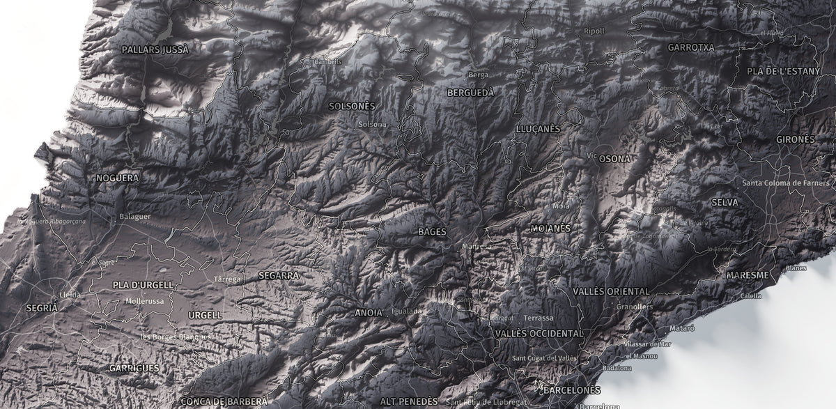 Mapa del relieve de Principat de Catalunya · Gris lavanda · 61 × 91 cm · Detalle del centro
