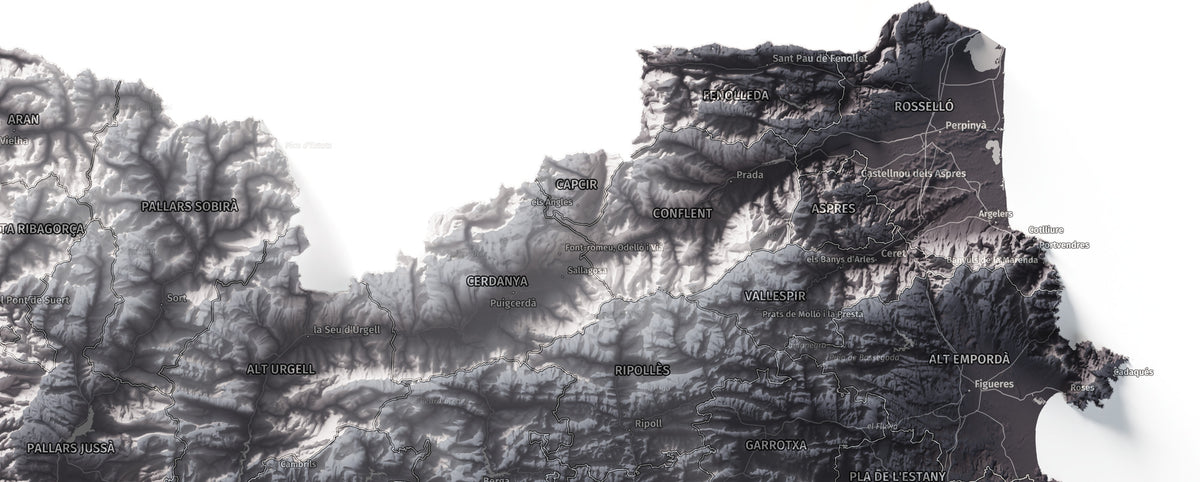 Mapa del relieve de Principat de Catalunya · Gris lavanda · 61 × 91 cm · Detalle del norte