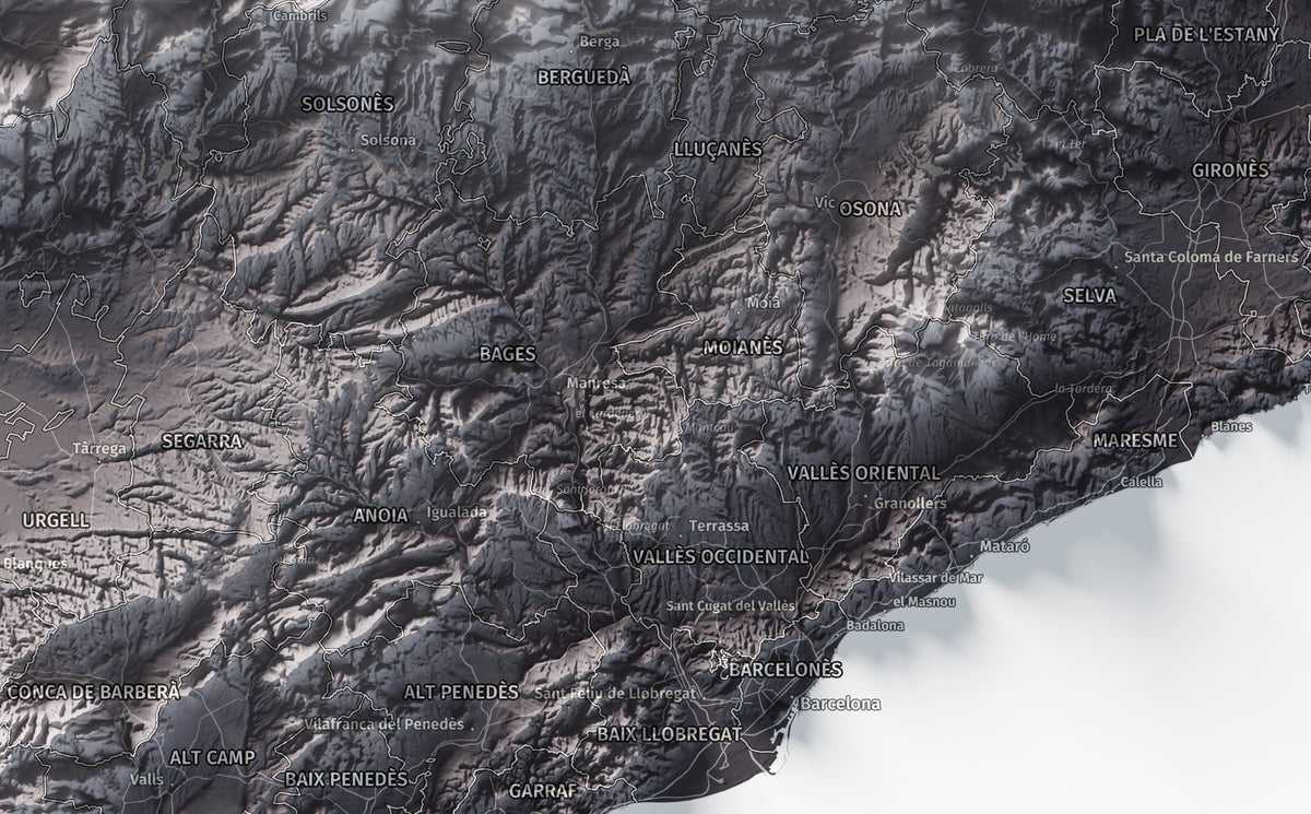 Mapa del relieve de Principat de Catalunya · Gris lavanda · 61 × 91 cm · Ciudades y límites administrativos