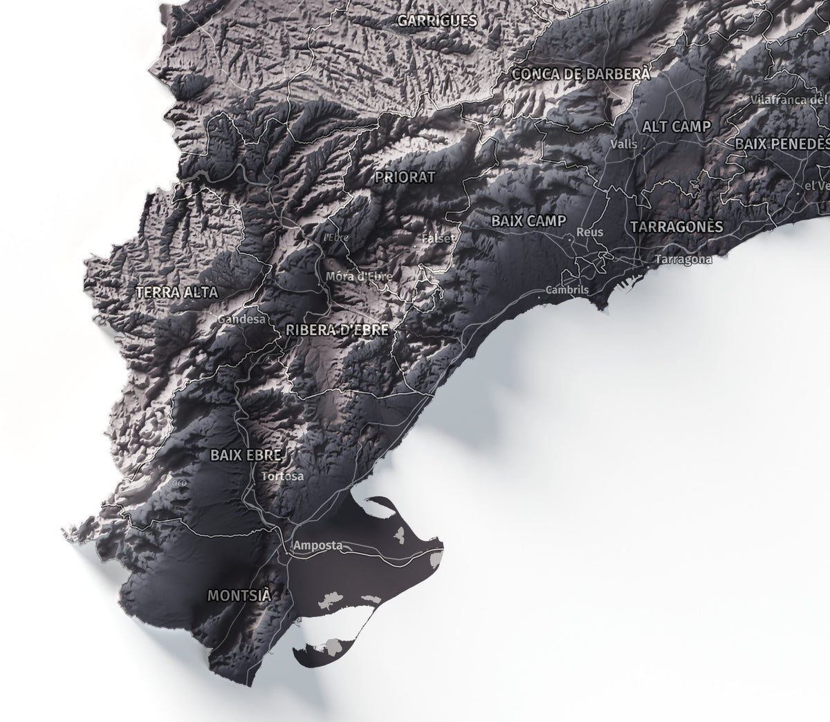 Mapa del relieve de Principat de Catalunya · Gris lavanda · 61 × 91 cm · Detalle del sur