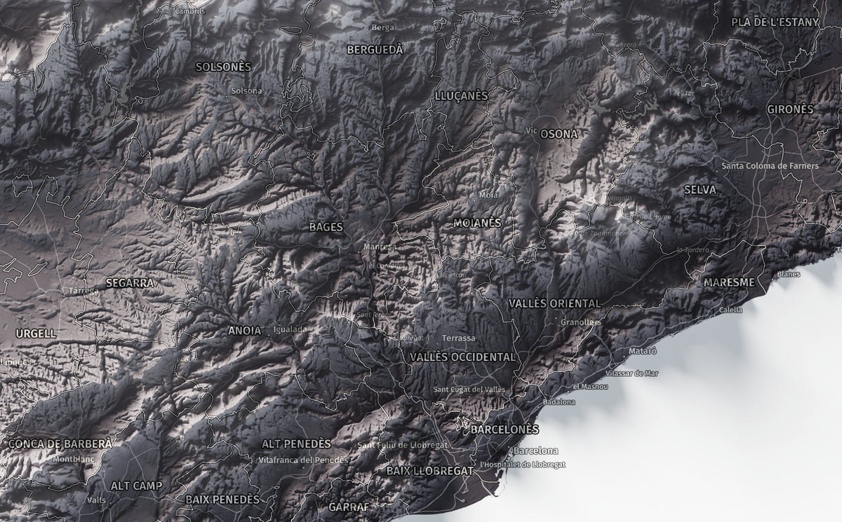 Mapa del relieve de Principat de Catalunya · Gris lavanda · 70 × 100 cm · Ciudades y límites administrativos