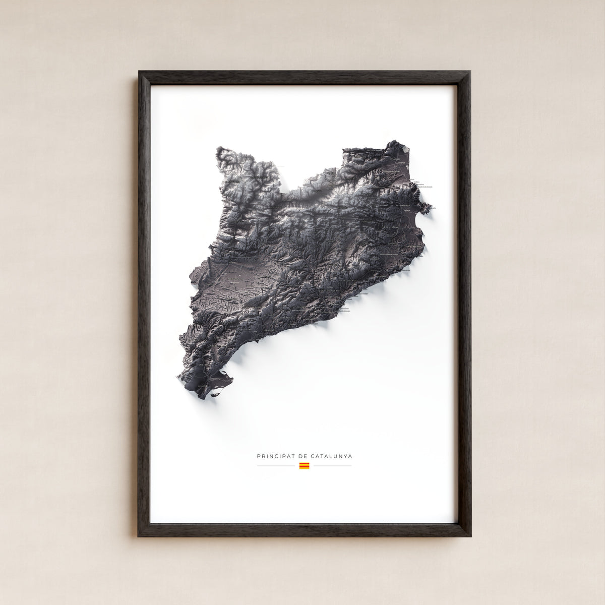 Mapa del relieve de Principat de Catalunya · Gris lavanda · 70 × 100 cm · Lámina enmarcada