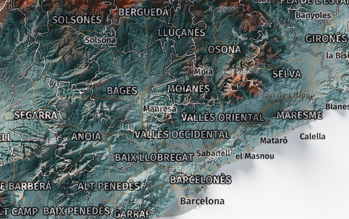 Mapa del relleu de Catalunya · Contrastat · 21 × 30 cm · Ciutats i límits administratius