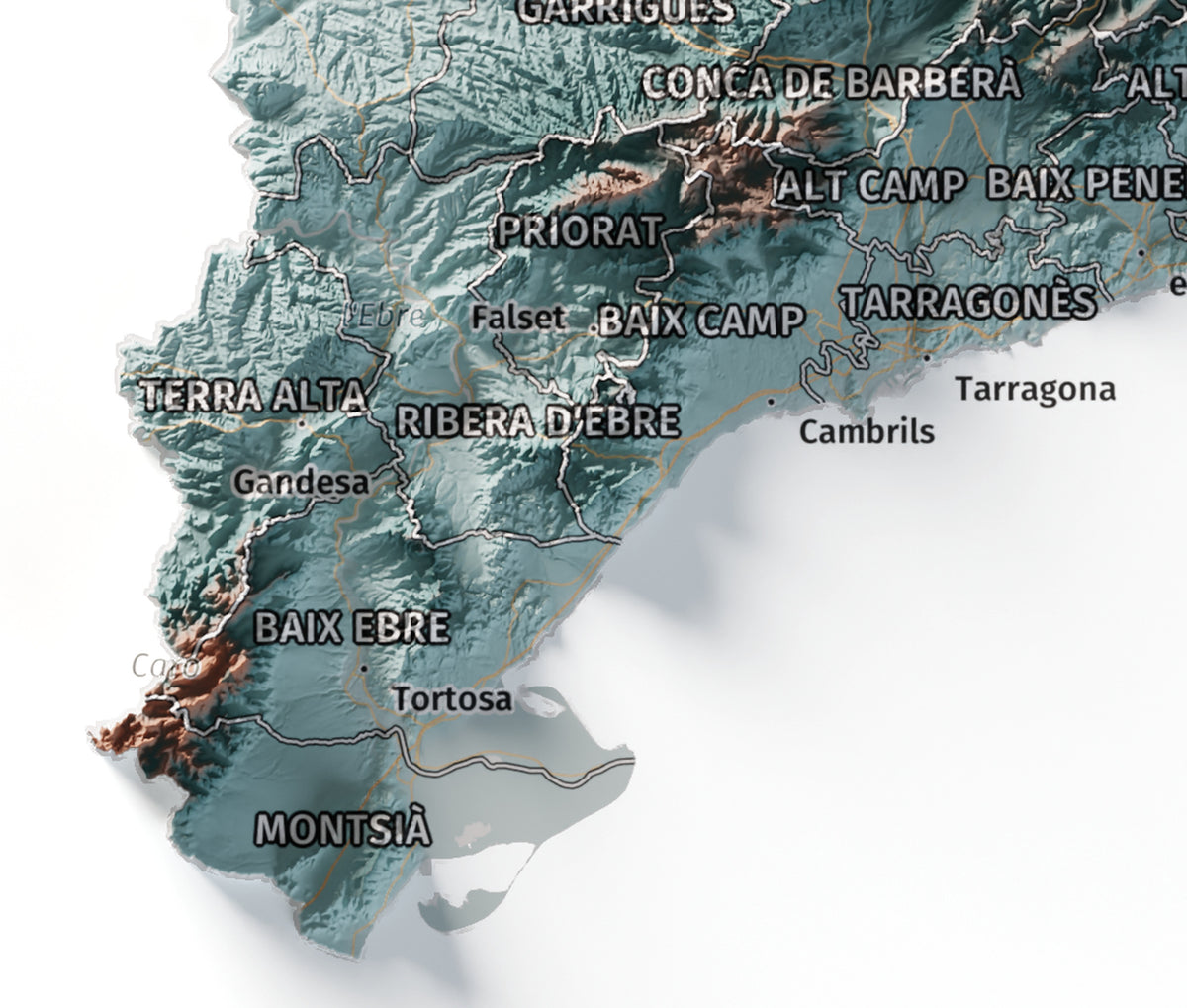 Mapa del relleu de Catalunya · Contrastat · 21 × 30 cm · Detall del sud