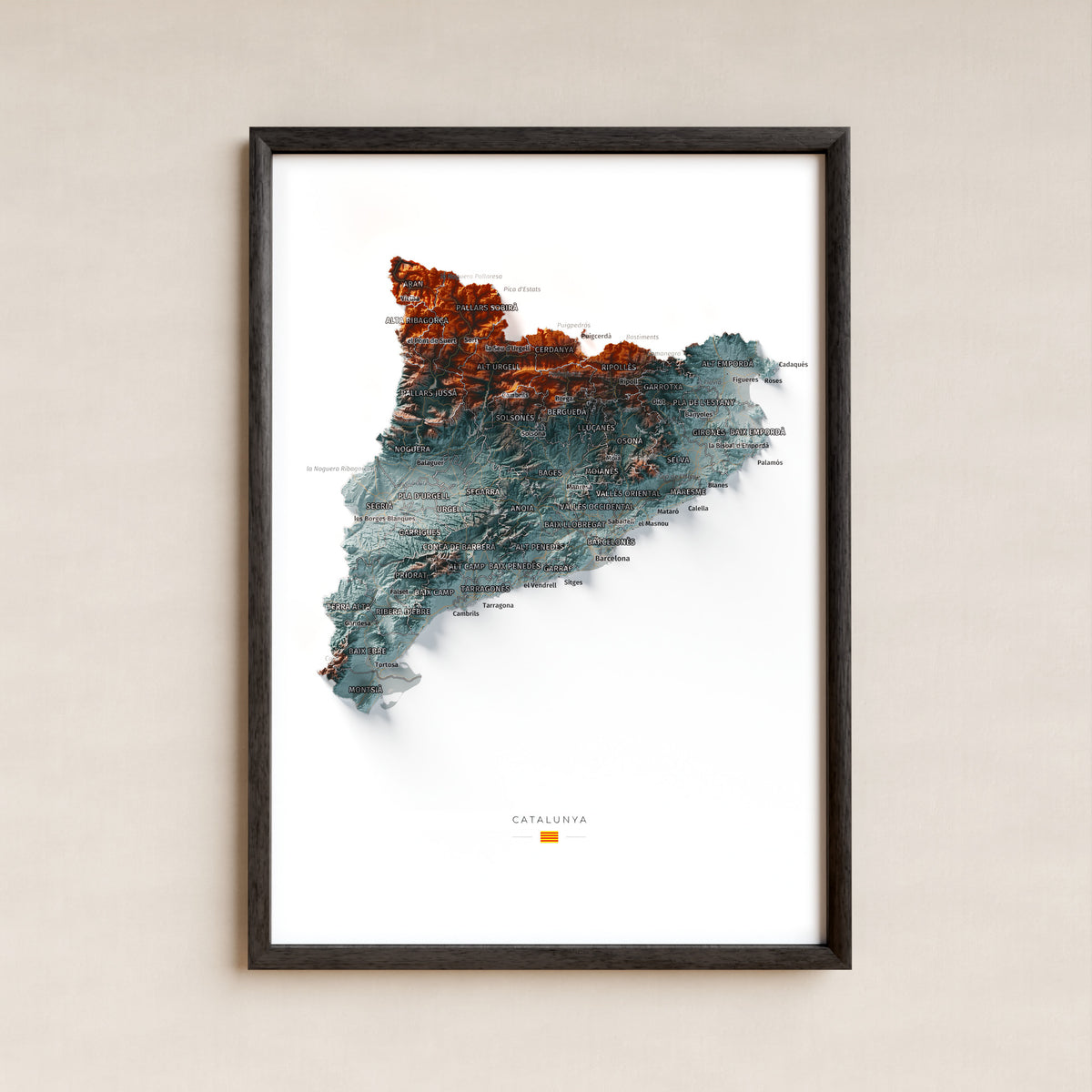 Mapa del relleu de Catalunya · Contrastat · 21 × 30 cm · Làmina emmarcada