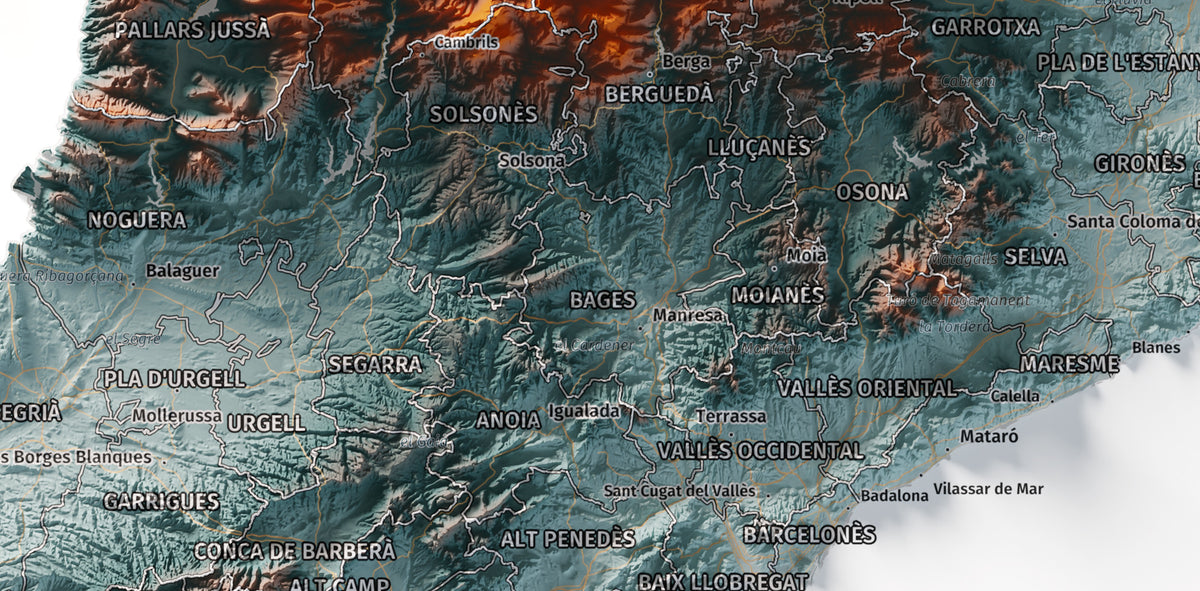 Mapa del relleu de Catalunya · Contrastat · 30 × 40 cm · Detall del centre