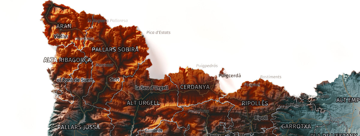 Mapa del relleu de Catalunya · Contrastat · 30 × 40 cm · Detall del nord