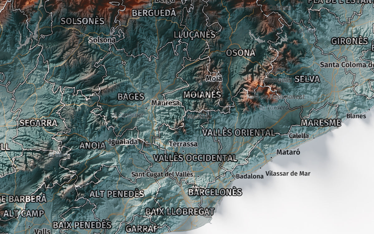 Mapa del relleu de Catalunya · Contrastat · 30 × 40 cm · Ciutats i límits administratius
