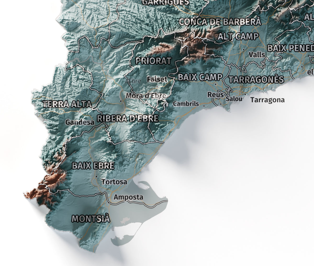 Mapa del relleu de Catalunya · Contrastat · 30 × 40 cm · Detall del sud