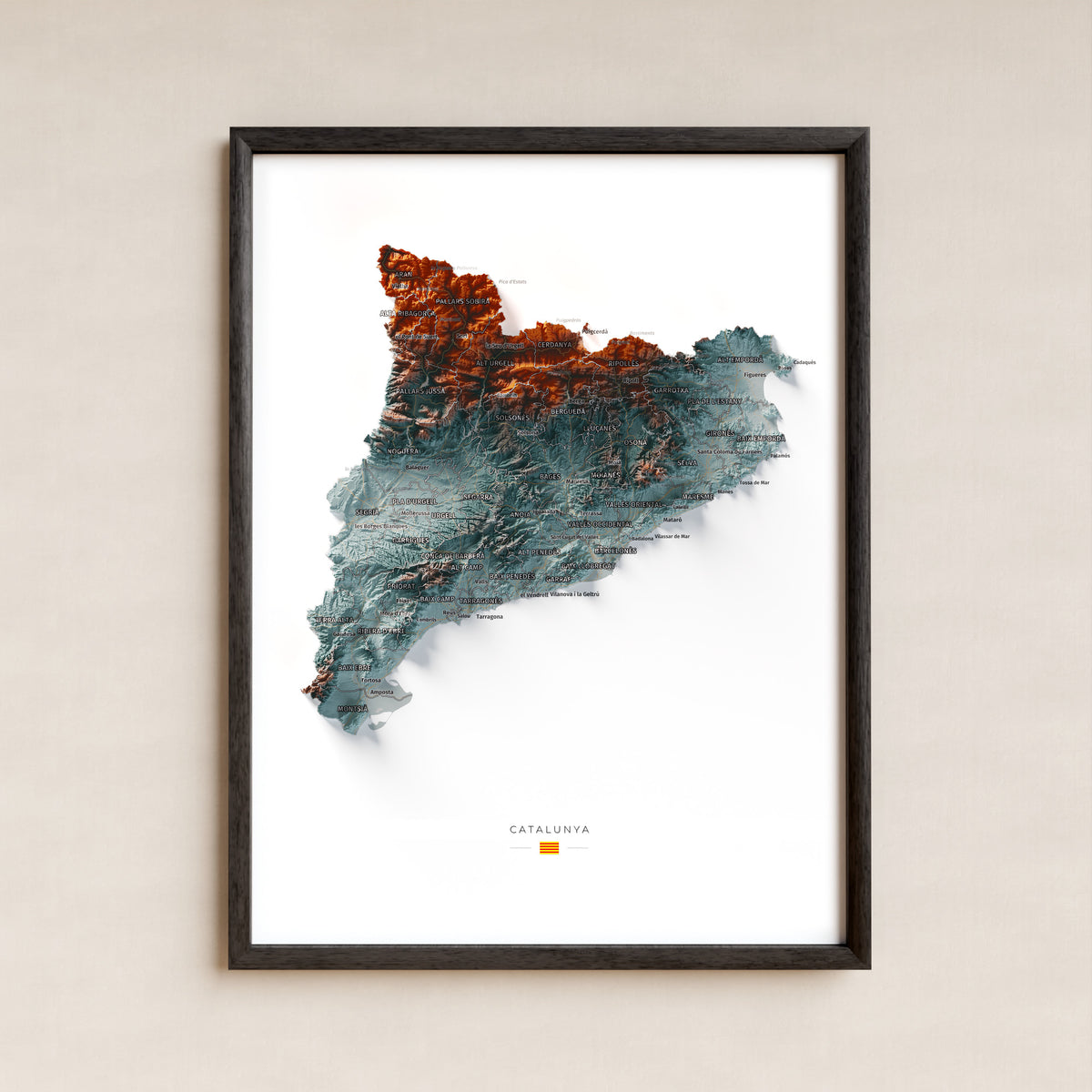Mapa del relleu de Catalunya · Contrastat · 30 × 40 cm · Làmina emmarcada