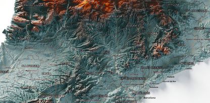 Mapa del relleu de Catalunya · Contrastat · 50 × 70 cm · Detall del centre