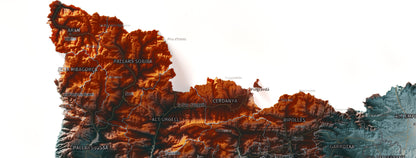 Mapa del relleu de Catalunya · Contrastat · 50 × 70 cm · Detall del nord