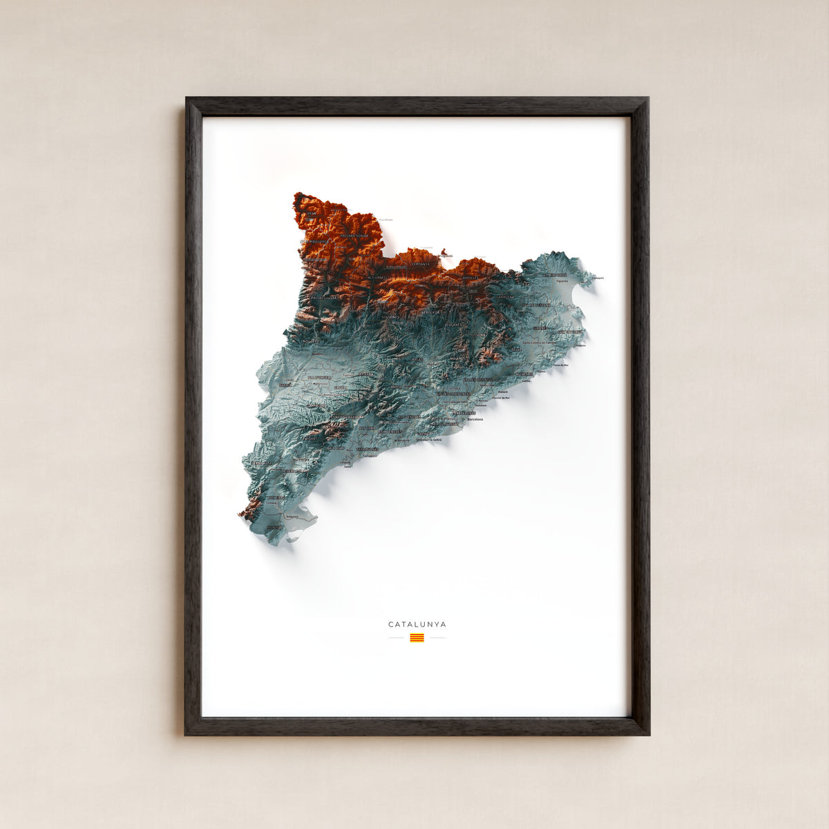 Mapa del relleu de Catalunya · Contrastat · 50 × 70 cm · Làmina emmarcada