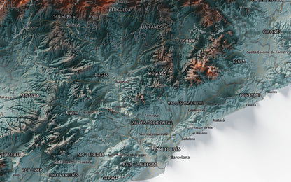 Mapa del relleu de Catalunya · Contrastat · 61 × 91 cm · Ciutats i límits administratius