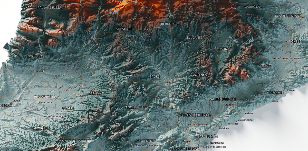 Mapa del relleu de Catalunya · Contrastat · 70 × 100 cm · Detall del centre