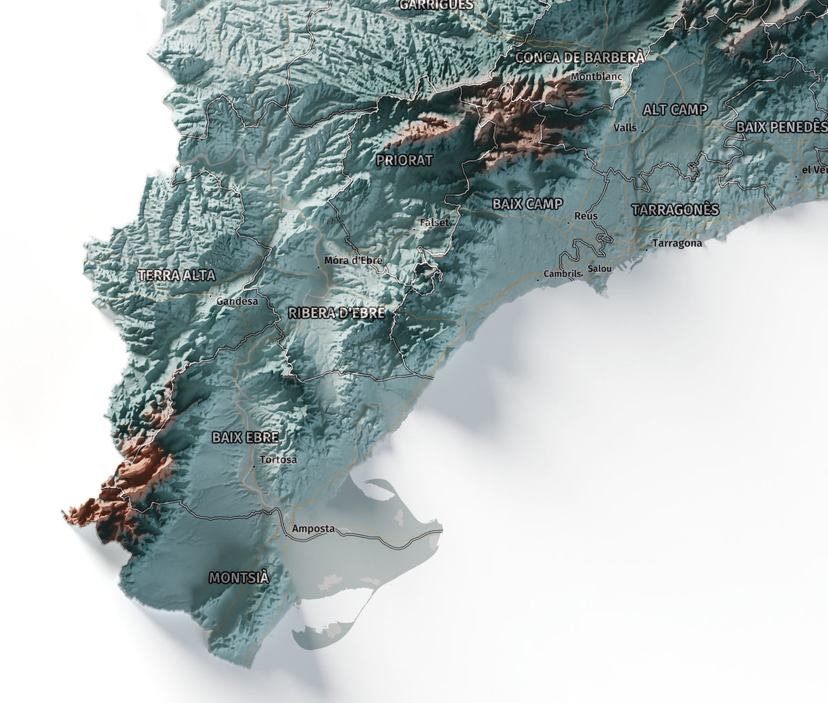 Mapa del relleu de Catalunya · Contrastat · 70 × 100 cm · Detall del sud