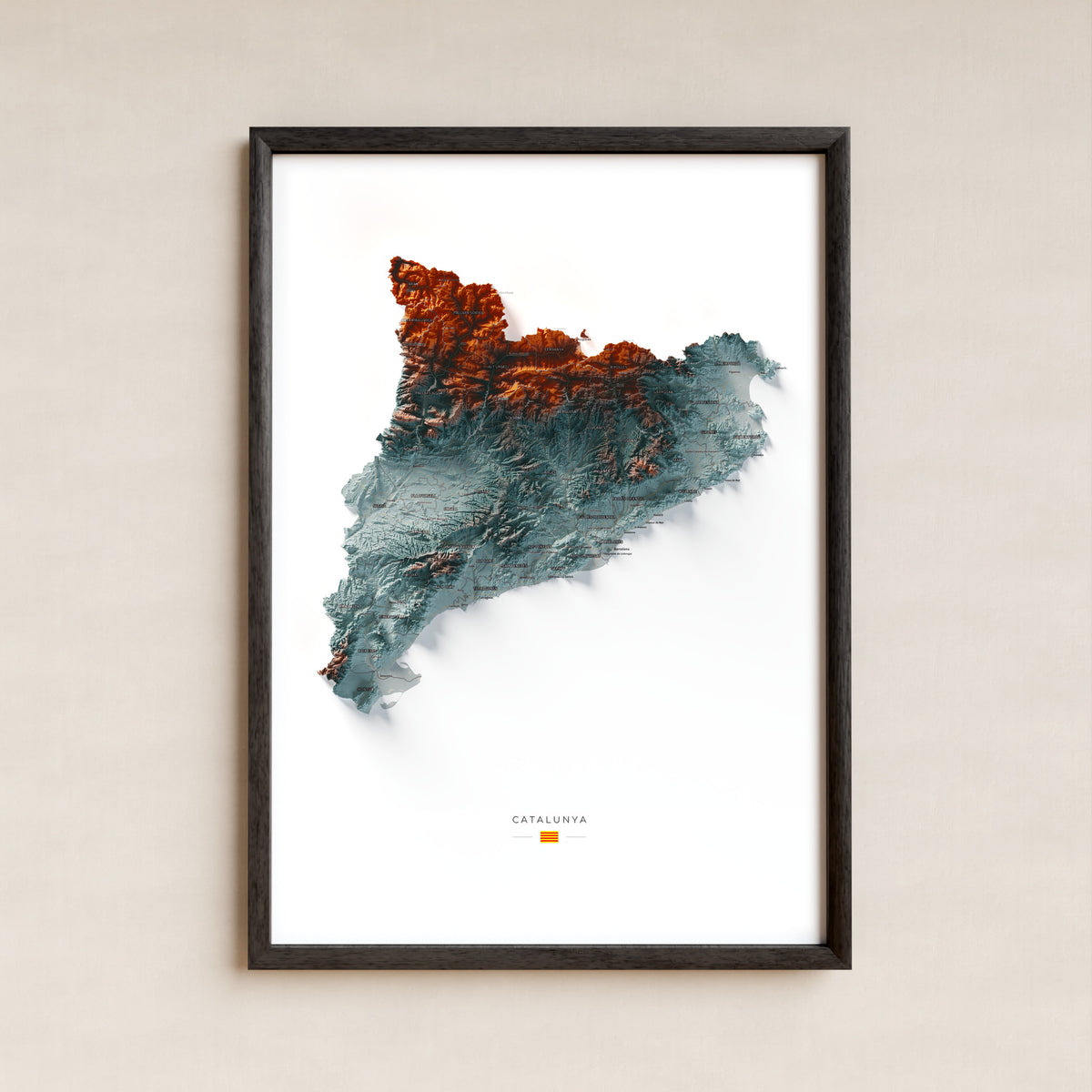 Mapa del relleu de Catalunya · Contrastat · 70 × 100 cm · Làmina emmarcada