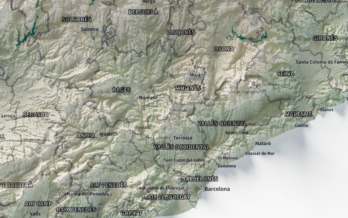 Mapa del relleu de Catalunya · Cartogràfic · 50 × 70 cm · Ciutats i límits administratius