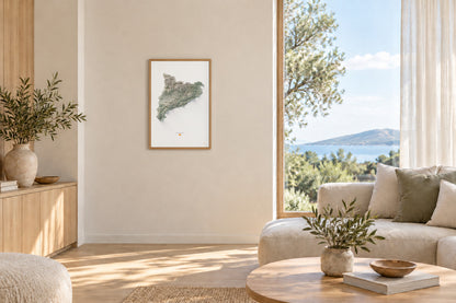 Mapa del relleu de Catalunya · Cartogràfic · 61 × 91 cm · Làmina en un saló lluminós amb fusta clara