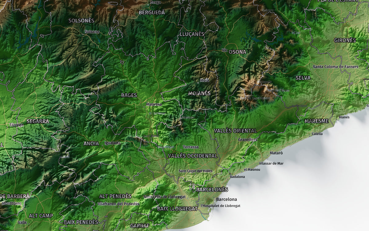 Mapa del relleu de Catalunya · Clàssic · 70 × 100 cm · Ciutats i límits administratius