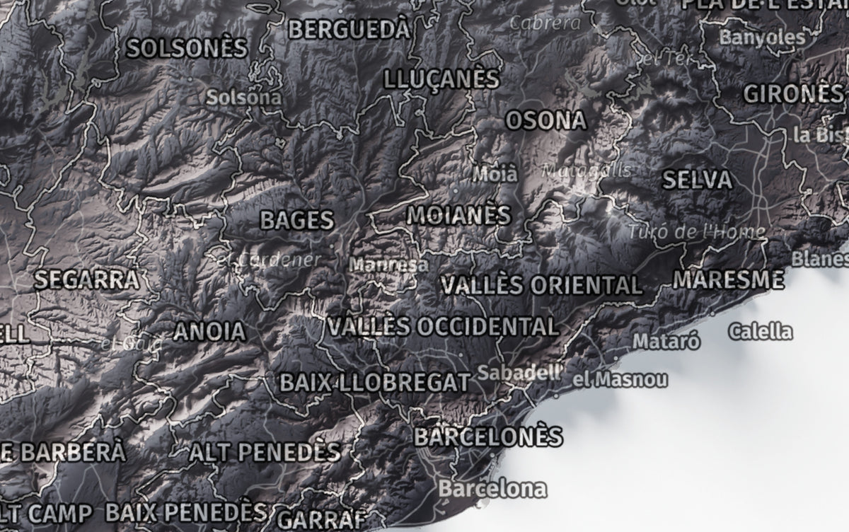 Mapa del relleu de Catalunya · Gris lavanda · 21 × 30 cm · Ciutats i límits administratius