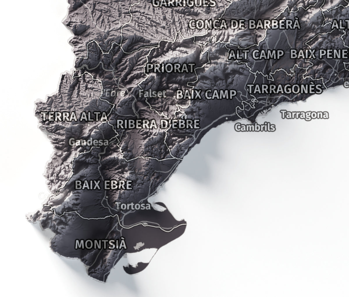 Mapa del relleu de Catalunya · Gris lavanda · 21 × 30 cm · Detall del sud