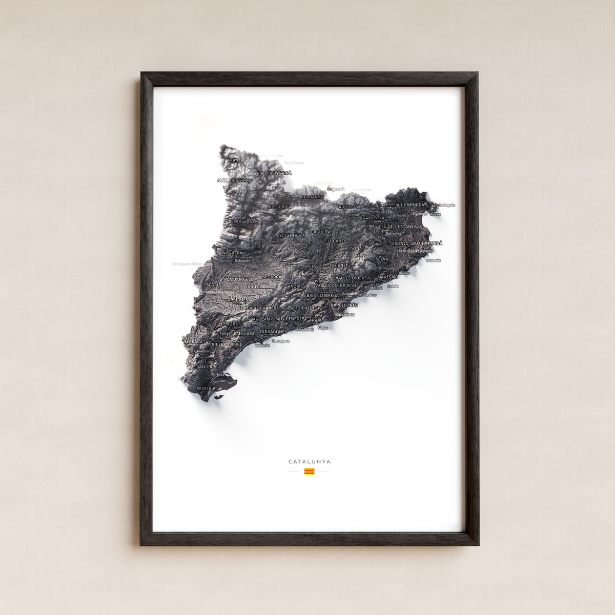 Mapa del relleu de Catalunya · Gris lavanda · 21 × 30 cm · Làmina emmarcada