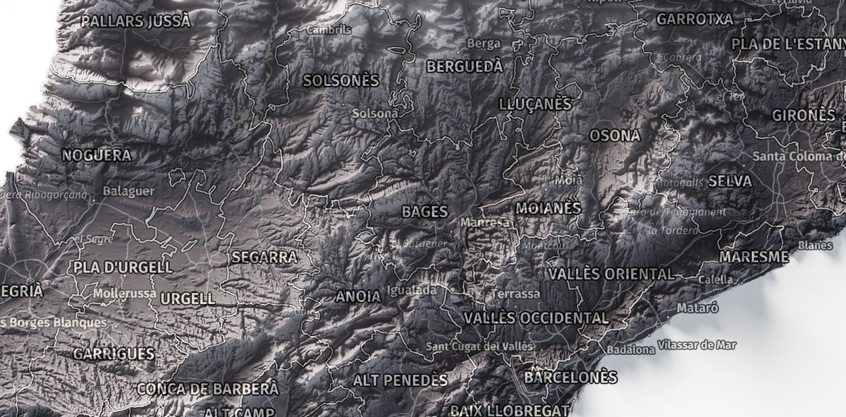 Mapa del relleu de Catalunya · Gris lavanda · 30 × 40 cm · Detall del centre