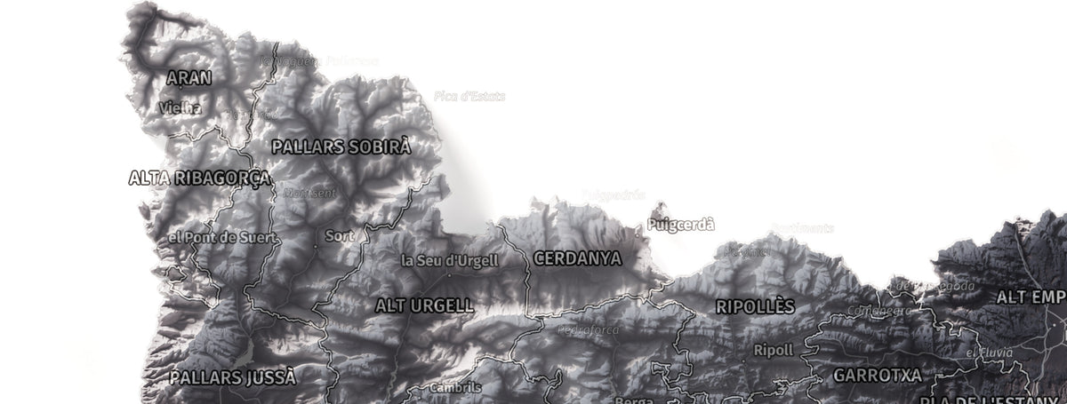 Mapa del relleu de Catalunya · Gris lavanda · 30 × 40 cm · Detall del nord