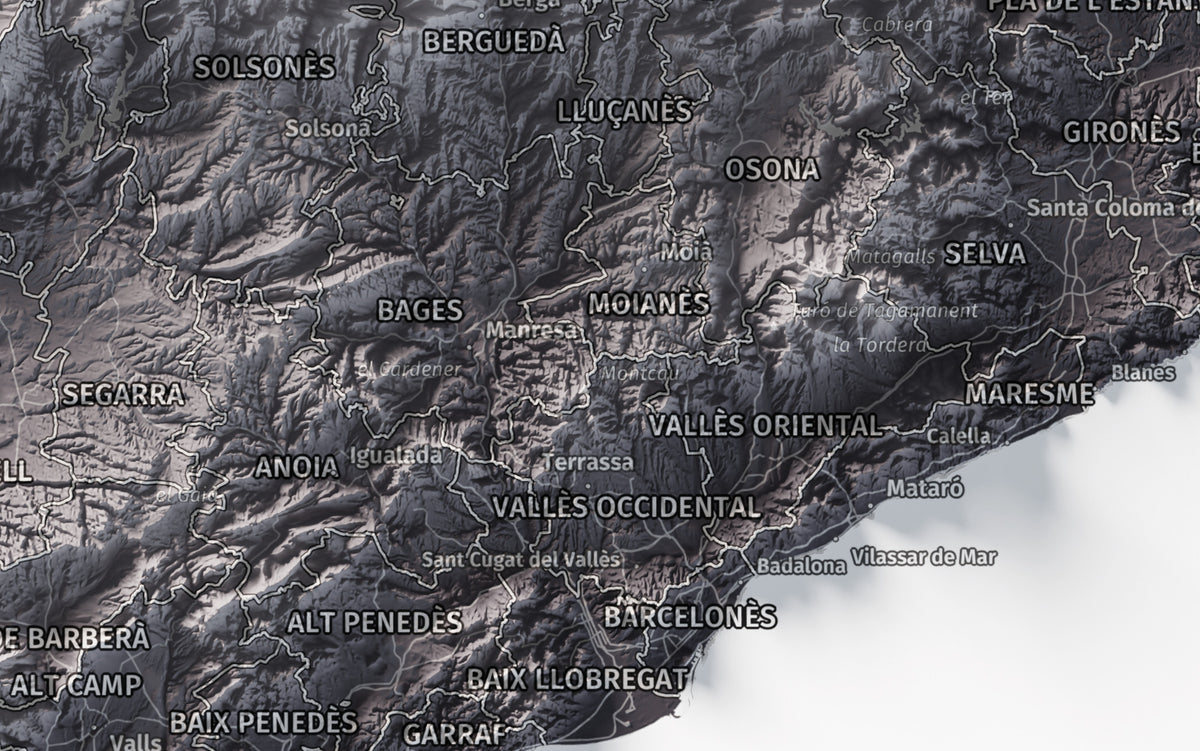 Mapa del relleu de Catalunya · Gris lavanda · 30 × 40 cm · Ciutats i límits administratius