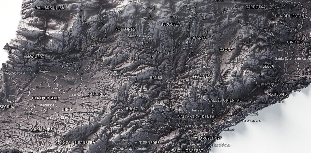 Mapa del relleu de Catalunya · Gris lavanda · 50 × 70 cm · Detall del centre