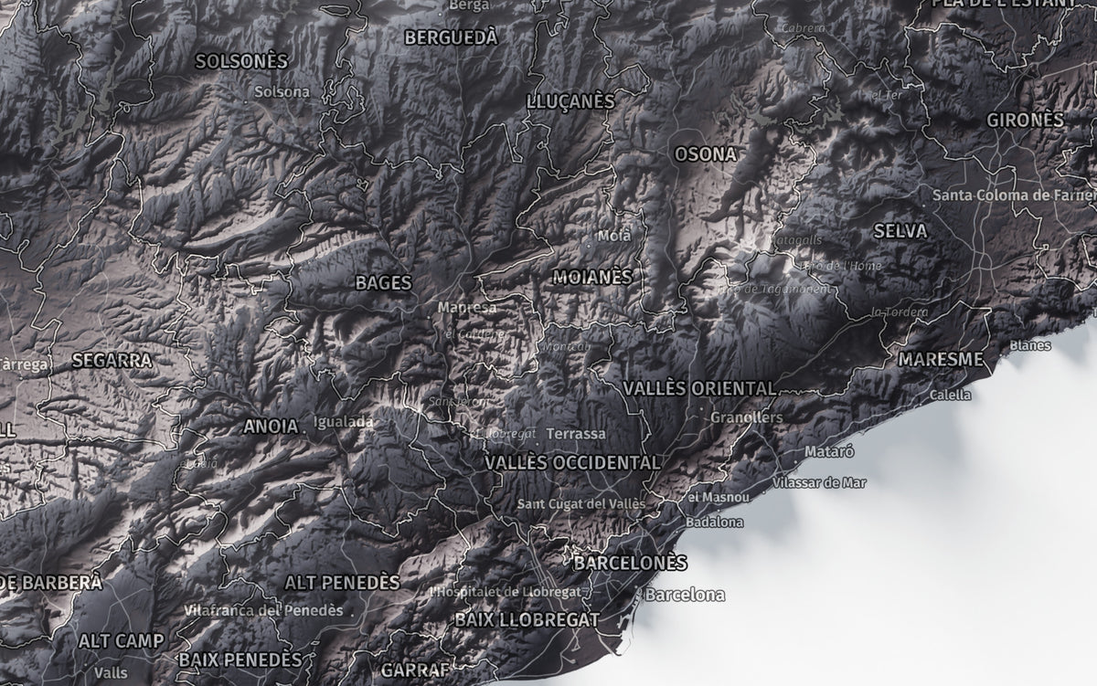 Mapa del relleu de Catalunya · Gris lavanda · 50 × 70 cm · Ciutats i límits administratius