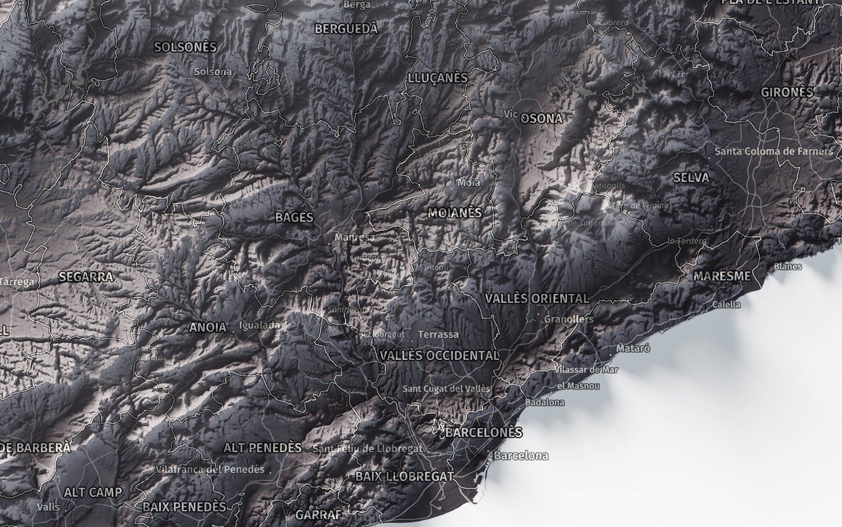 Mapa del relleu de Catalunya · Gris lavanda · 61 × 91 cm · Ciutats i límits administratius